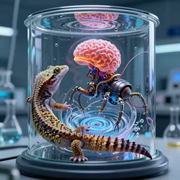 photo inside of a science lab with wired gekko, gelatinosis glass, layered biomechanical insectoid, flux symbiosis, gekko soles gelatin brains,, detailed chaos, artificial, vortices micro water,, octane render,