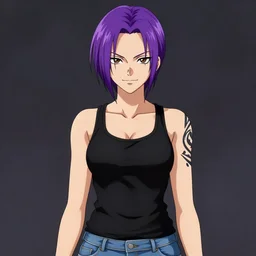 a portrait of revy from black lagoon, dilraba dilmurarevy, smirk, black tank top, jean shorts, brown eyes, purple hair, tribal tattoos right arm sleeve, symmetrical eyes, symmetrical face, art by lois van baarle and loish and ross tran and rossdraws and sam yang and artgerm