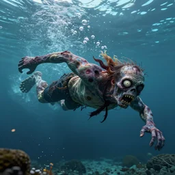 a zombie swimming underwater in a zombie - apocalypse, by greg rutkowski, octane render