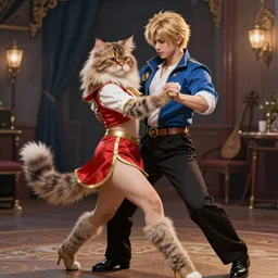 A hyper real comic book style portait painting of a persian cat dancing salsa with another persian cat, unreal 5, hyperrealistic, octane render, cosplay, RPG portrait, dynamic lighting