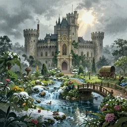 medieval castle with botanical garden, ornate, beautiful, atmosphere, vibe, mist, smoke, chimney, rain, well, wet, pristine, puddles, waterfall, melting, dripping, snow, ducks, creek, lush, ice, bridge, cart, forest, flowers, concept art illustration, color page, 4 k, tone mapping, akihiko yoshida, james jean, andrei riabovitchev, marc simonetti, yoshitaka amano, digital illustration, greg rutowski, volumetric lighting, sunbeams, particles, trending on artstation