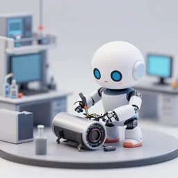 photo of figma figures in a diorama of a laboratory : : roll is repairing computers, and she is a cute female ball - jointed robot ( in the style of mega man ) with blonde hair with bangs and a ponytail tied with a green ribbon. she is wearing a red one - piece dress with a white collar, and red boots.