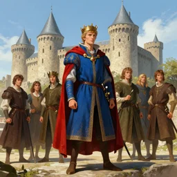 medieval young king standing outside city of carcassonne, king is wearing blue and red royal clothes with a cape by stanley artgerm lau, wlop, rossdraws, frank frazetta, andrei riabovitchev, marc simonetti, tranding on artstation
