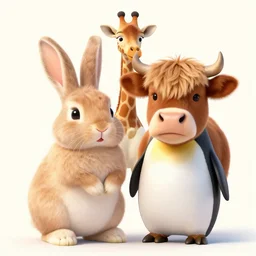 bunny giraffe mix is friends with penguin highland cow mix