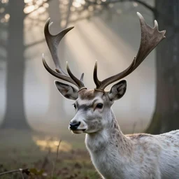 closeup'white - eyed'deer, background landscape misty forest scene, sun shining through trees beautiful