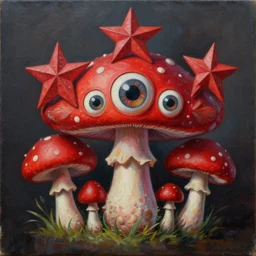 intricate five star red mushroom monster portrait by pablo picasso, oil on canvas, hdr, high detail, photo realistic, hyperrealism, matte finish, high contrast, 3 d depth, centered, masterpiece, vivid and vibrant colors, enhanced light effect, enhanced eye detail, artstationhd