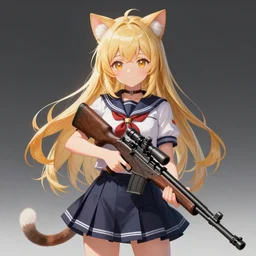 anime, full body, cute, female, a blonde haired cute girl wearing a school uniform with cat ears and holding a sniper rifle, gorgeous lighting, cat girl, highly detailed, digital painting, art station, sharp focus, high quality, frontal view, illustration, concept art, advanced digital anime art