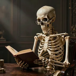 a skeleton with glasses reading a book, photorealistic,
