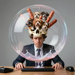 a perfect portrait of a man at a desk, he is inside a huge saliva bubble, his head has burst open and a bouquet of dogs and frankfurters has erupted from his shattering skull. perfect studio lighting.