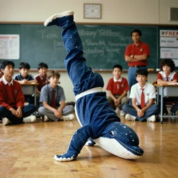 1990s candid photo of Terry the discount whale bird teaching a middle school class how to break dance, cinematic, UHD