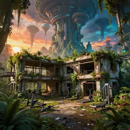 a beautiful ultradetailed render of home gym industrial architecture abandoned urbex architecture nature city unfinished building by buckminster fuller, rainforest futuristic nightsky thermal vision magic realism extraterrestial hyperrealism sunset vice city steampunk nature, archdaily, wallpaper, highly detailed, trending on artstation.