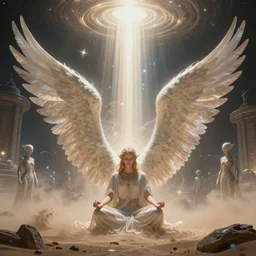 elven angel meditating in space, halo, light shafts, wisps, sandstorm, light diffusion, godly, ascending, by moebius, digital art, beautiful, sacred, holy, surreal, fantasy art, oasis, by durer, durer, fairies, surreal alien kingdom, ancient civilization, alien language, space civlization, dmt entity, machine elf, machine elves, 4d, advanced civilization, anunaki