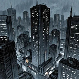 manga illustration of poor cyberpunk city, rainy weather, highly detailed,