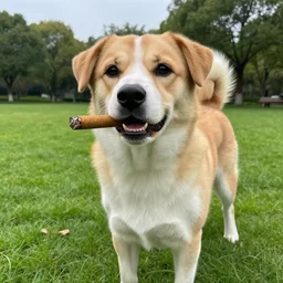a photo of a dog in a park with a small cigar in his mouth