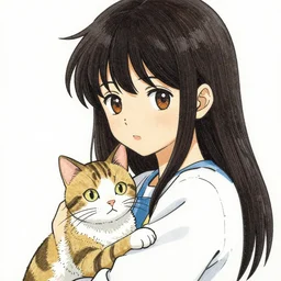 a girl and a cat, marker art by yoshiyuki sadamoto, by chiara bautista, james jean, copic, detailed