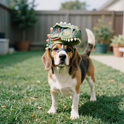 a small beagle dog wearing a realistic oversized dinosaur mask on it ’ s head, disposable camera photograph, casual, backyard, midday, sunny, full body shot, sharp, detailed, 4 k, modern