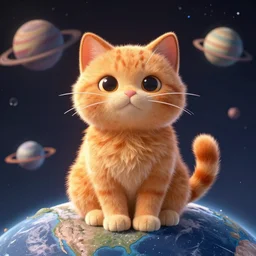 a fuzzy orange cat sitting on planet earth, space in the background, 3 d render, blender, unreal engine