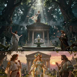 Cinematic stills from Final Fantasy and Horizon Zero Dawn 2 mashup, Greek architecture, fountain, cemetery, mystical forest with enormous trees, god rays, bloom, volumetric fog, moody ambiance, dynamic poses, diaphanous cloth, intricate jewelry, cinematic lighting, twilight, sunset, by Alphonse Mucha, by James Gurney, by Bouguereau, by Rubens, fantasy, portfolio illustration, highly detailed, trending on Artstation, CGsociety, HQ, 8k, 35mm lens, f2.8, Bokeh,