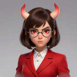 hearts of iron 4 leader portrait of a young girl with dark brown bob haircut, round reading glasses, red eyes, red suit, strong eyebrows, light red horns, democratic, trending on artstation, highly detailed, character portrait, ylva ljungqvist, custom portraits, paradox interactive