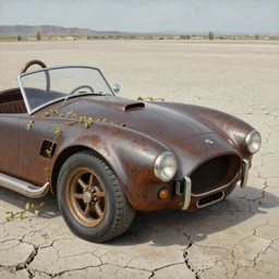 closeup of rusty shelby cobra, vine covered, desert, cracked dry lake bed, by Zdzislaw Beksinski, Norman Rockwell, al duke, Valter de Morais, highly detailed, soft lighting, film grain, Portra 160, 8k resolution, hd, oil on canvas