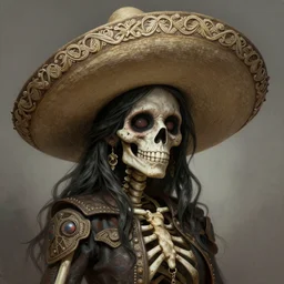 painted portrait of cartoony beautiful and cute smiling rugged undead skeleton girl wearing wide mexican sombrero, fantasy, intricate, elegant, extremely detailed digital painting trending artstation concept art heroic portrait sharp focus, illustration, art by artgerm, greg rutkowski magali villeneuve gaston bussiere