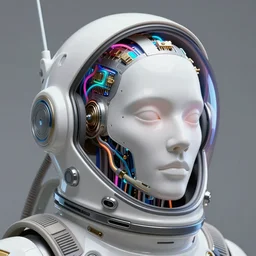 portrait of a biomechanical head inside a futuristic space helmet, organic transistors, neon cables, tron, white metal, iridescent visor,  smooth, sharp focus, high detail, art by Alphonse Mucha and Raymond Swanland,