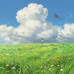 grassy meadow with lots of wildflowers, a boy flying a kite in the distance, large cumulonimbus clouds, makoto shinkai