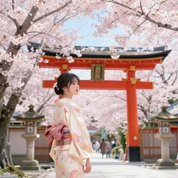 a beautiful picture of sakura blooming in the shrine, a girl in kimonos, by greg rutkowski and thomas kinkade, trending on artstation