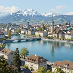 Digital painting of Zurich, looking down the Limmat and the lake and the alps, wide angle, volumetric light, hyperdetailed, light blue water, artstation, cgsociety, 8k