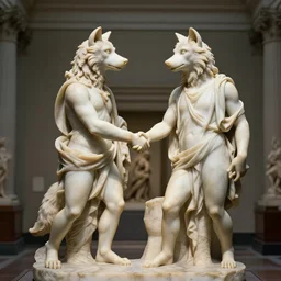 moody lighting in a beautiful museum of a marble statue of two cute humanoid furry anthro kemono male wolf characters with tails, wearing togas, shaking hands, in the style of caravaggio and bernini