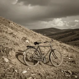 punctured bicycle on a hillside desolate, vintage photograph