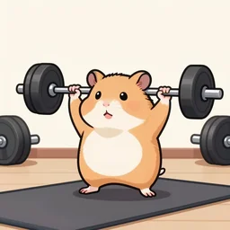 a drawing of hamster doing barbell squats at the gym, digital art