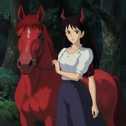 a waifish demon next to a red horse in a dark forest | bekinski anime studio ghibli gottfried helnwein painting film cinematic 4 k