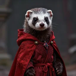 a cute anthropomorphic ferret is a dark warlock dressed red robes, he's very menacing and evil, hyperdetailed, artstation, cgsociety, 8 k