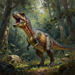 hyper realistic oil painting of a dinosaur screaming the back home is a forest