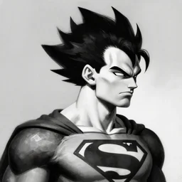 realistic concept art portrait of a superman batman hybrid, with vegeta head hair, as overwatch character, by ashley wood, medium shot, asymmetrical, profile picture, organic painting, dramatic lighting, matte painting, bold shapes, hard edges, black and white only