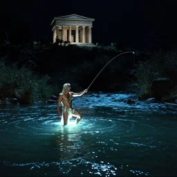 dark eerie movie frame, greek fantasy panorama, a shining achilles fishing in the magic shining river styx, at night, magic, stanley kubrick, 1 7 mm, wide shot, surreal, deep