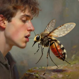 a mosquito sucking blood from a man, huggy wuggy from poppy playtime video game, fullbody, ultra high detailed, oil painting, greg rutkowski, charlie bowater, yuumei, yanjun cheng, unreal 5, daz, hyperrealistic, octane render, rpg portrait, dynamic lighting, fantasy art, beautiful face