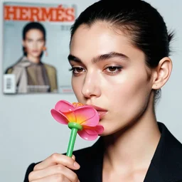 a studio close - up portrait of a a fashion model smelling a plastic flower. surreal photograph, lo - fi, polished look, silly and serious, hermes ad, fashion photography, ( toiletpaper magazine ) by pierpaolo ferrari and ( maurizio cattelan ), 3 5 mm photograph, colourful, by ( pierpaolo ferrari ), maurizio cattelan, david lachapelle