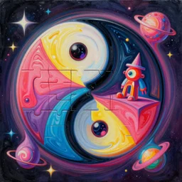 an extremely high quality hd surrealism painting of a 3d galactic neon complimentary-colored cartoon surrealism melting optical illusion zaha hadid surreal yin yang jigsaw by a much more skilled version of kandinskypicasso and salvia dali the fourth, salvador dali's much much much much more talented painter cousin, jigsaw pieces, 8k, ultra realistic, very realistic, photorealistic