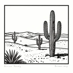 art by brian reedy, ink linocut print of a desert with a few cacti here and there, 8 k, frostbite 3 engine, cryengine, dof, trending on artstation, digital art, crepuscular ray