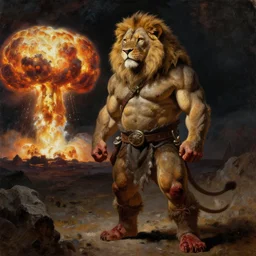 oversized muscular lion barbarian hunter with human bloody legs full body portrait pose  watching nuclear explosion of jupiter in background , very textured detailed oil painting by rembrandt , hard backlight , in dark cave