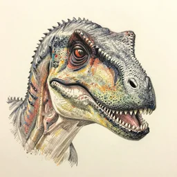 portrait of dilophosaurus face, pencil drawing, pastel