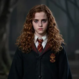 emma watson as hermione granger. dark colors. menacing. haunting. frightening. trending on artstation. award winning. artgem. greg rutkowski. beksinski. extremely detailed. 4 k.