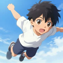 close up of a young anime boy energetically flying in the air, an ultrafine hyperdetailed illustration by loish!!!, makoto shinkai, greg rutkowski, intricate linework, action lines, global illumination, intricate sci fi environment, soft lighting, trending on art station.