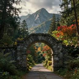 a beautiful hyper realistic detailed matte painting of a perfect stone archway over a pathway through a dense colorful forest, dramatic mountains in background, dramatic lighting, dynamic lighting, cinematic lighting, lit by morning light, by raphael lacoste and john howe and andreas rocha, unreal engine, featured on artstation, ultrawide angle, f 8, polarizer filter