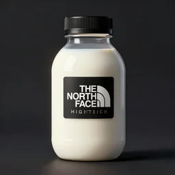 the north face high tech plastic dietary supplement bottle filled with milk, round bottle, black top, concept art, matte, sharp focus, illustration, art by aenaluck, artgerm, modern