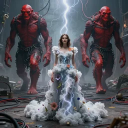 A woman wearing clothes made out of thunder clouds and flowers, giant monsters walking in the background, red skin, Masterpiece, glowing, wires everywhere, by Edgar Maxence and Ross Tran, Zdzisław Beksiński, and Michael Whelan, distant, gustav dore, H.R. Giger, 8k, octane render
