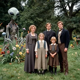 highly detailed, 4096k film, 1020mm film still from a sci fi blockbuster color movie made in 2019, set in 1860, of a family standing in a park, next to some alien plants and flowers, the family are all wearing 1860s era clothes, good lighting, good photography
