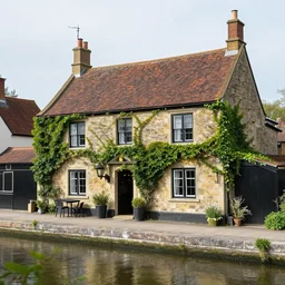 an old stonework british pub, overgrown with ivy, by the canal in the sunshine in the countryside of england, rule of thirds, clever design, decorative modern graphic design collage border, by hannah hoch and jesse treece and christian jackson and josh brill